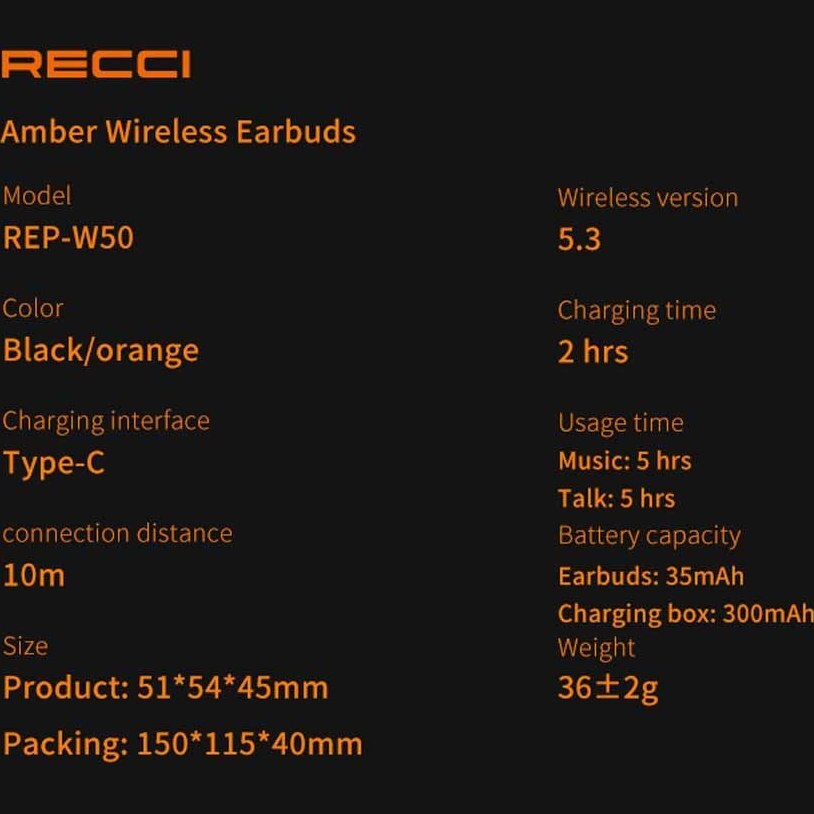  هندزفری بلوتوثی رسی مدل RECCI REP-W50 Amber Wireless Earbuds 